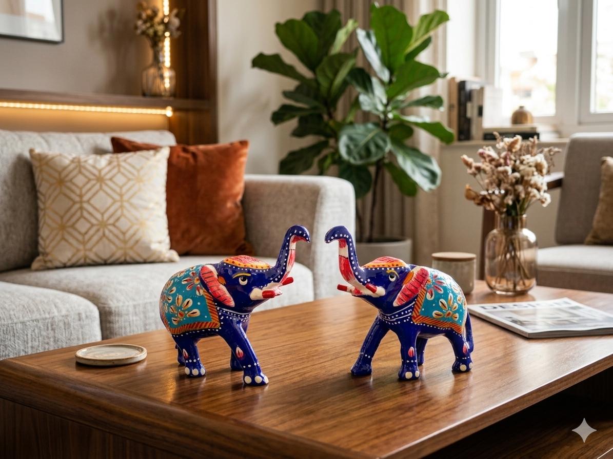 Handmade Blue Wooden Elephant Pair for Home Decor | Hand Painted Decorative Elephant Statue Set | Vastu & Gift Item (Set of 2) - Image 3
