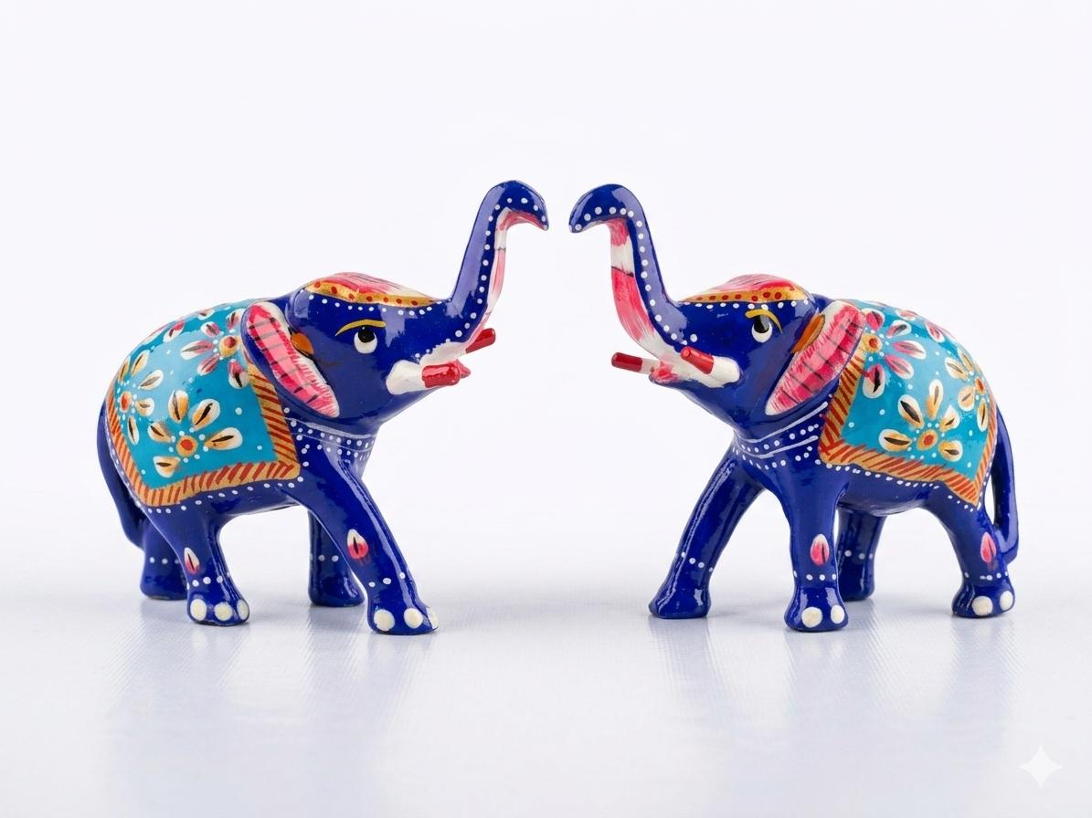 Handmade Blue Wooden Elephant Pair for Home Decor | Hand Painted Decorative Elephant Statue Set | Vastu & Gift Item (Set of 2)