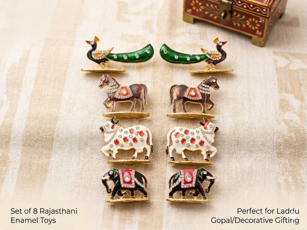 Premium Rajasthani Enamel Miniature Animal Toys Set of 8 for Laddu Gopal | Peacock, Horse, Cow & Elephant Decorative Shringar Toys
