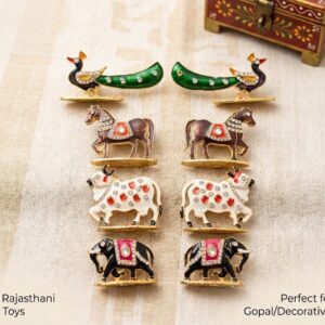 Premium Rajasthani Enamel Miniature Animal Toys Set of 8 for Laddu Gopal | Peacock, Horse, Cow & Elephant Decorative Shringar Toys