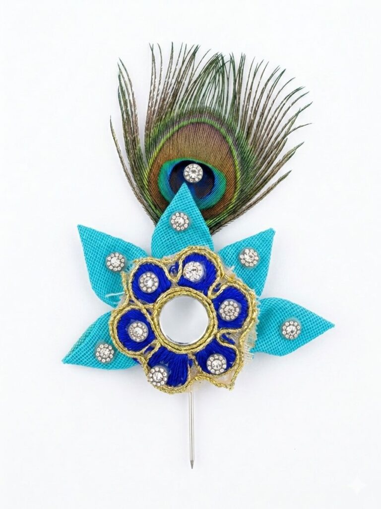Handmade Peacock Feather Mukut for Laddu Gopal | Blue Flower Crown with Morpankh | Krishna Shringar Mukut