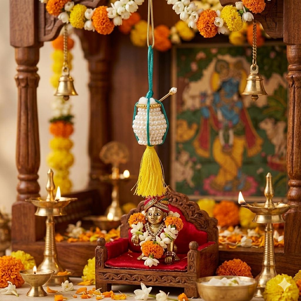 Premium Pearl Laddu Gopal Makhan Matki Hanging | Handmade Pearl Matki with Tassel for Bal Gopal & Krishna Mandir Decor - Image 4