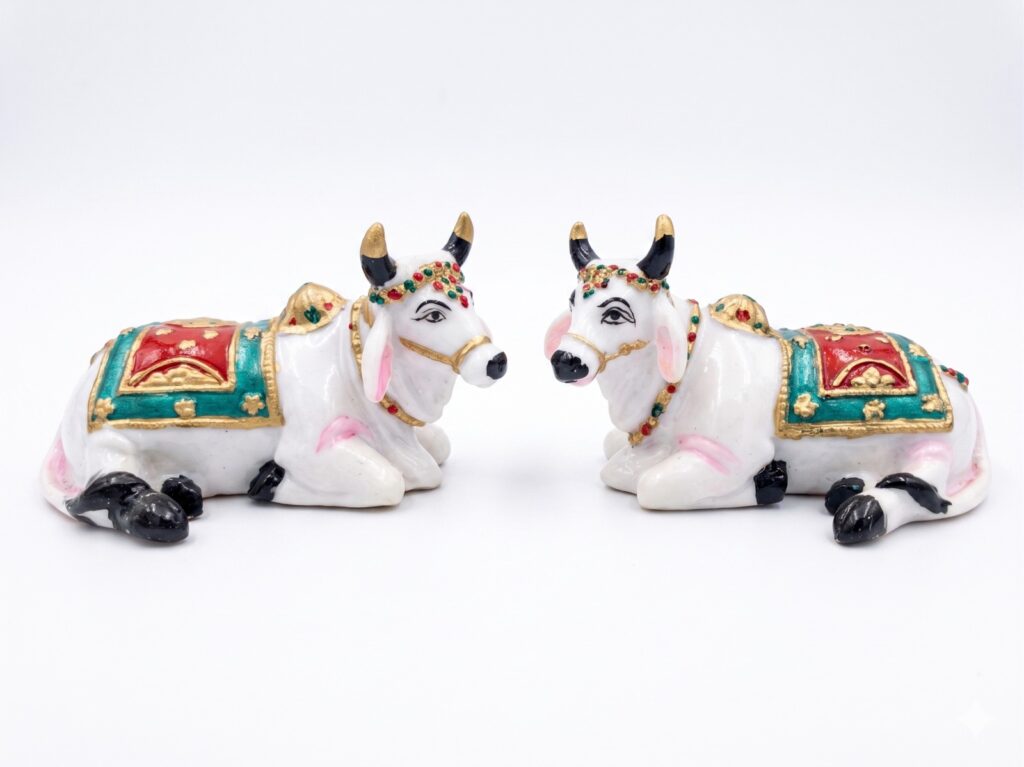 Handcrafted Kamdhenu Cow Idol for Pooja Mandir | Marble Dust Decorative Cow Statue | Vastu & Spiritual Home Decor | Nandi Gau Murti for Temple & Gift | 5 Inch